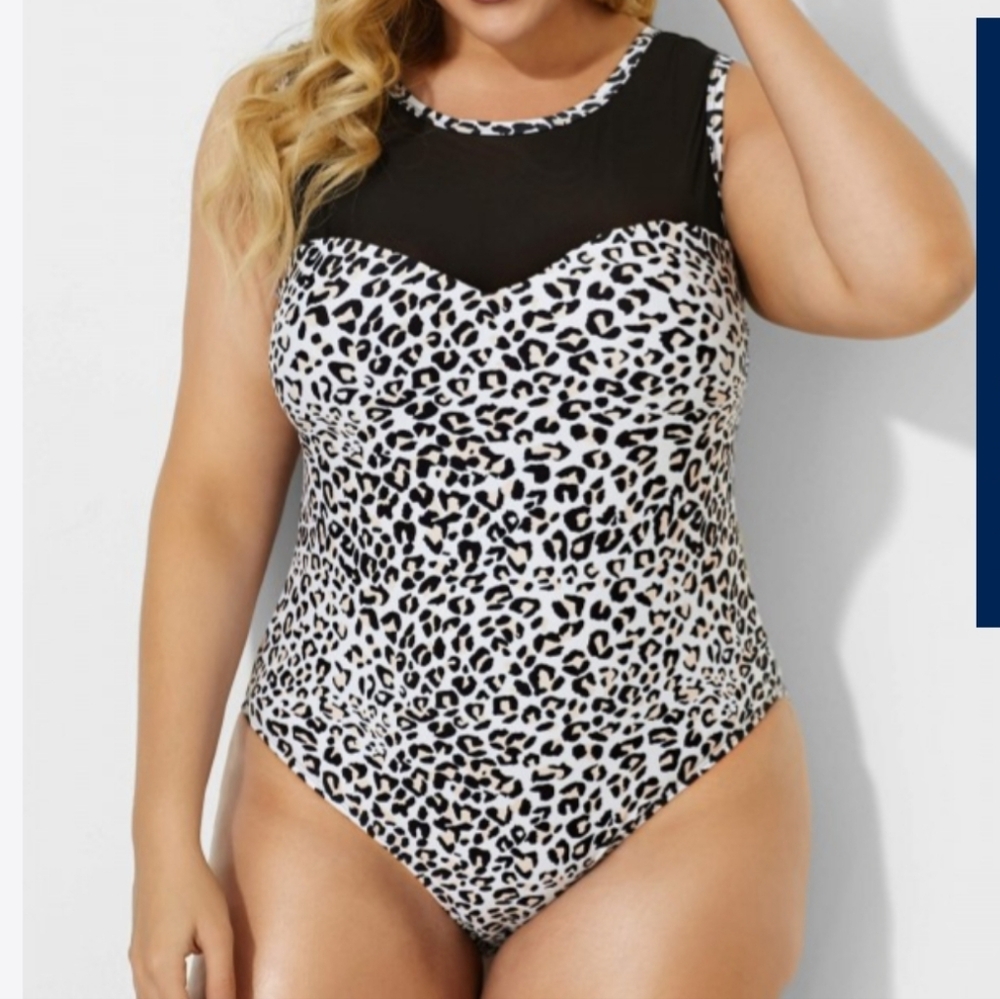 MEET CURVE Leopard Print Circle-Collar Mesh One Piece Swimsuit Sz 2XL NWT